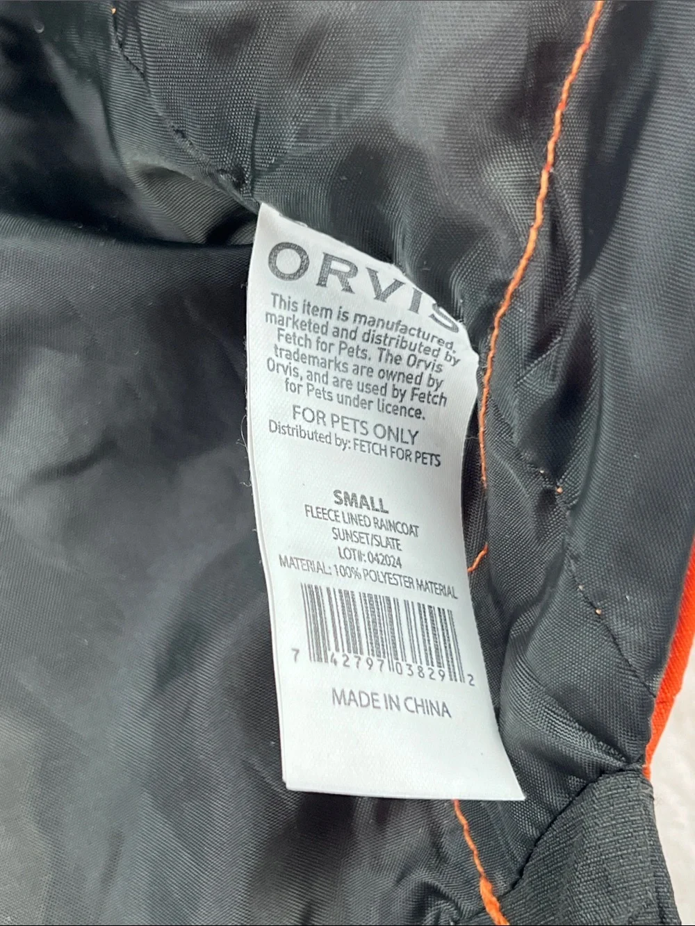 Orvis Dog Raincoat Small Sunset Orange Waterproof Rain Jacket SHELL ONLY